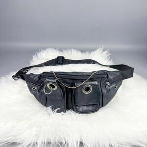 Upcycled Fanny Pack, Black Leather Waist Bag with Chains and Grommets